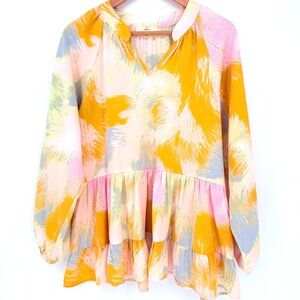 Entro Womens Abstract Brushstroke Tiered Babydoll Boho Blouse Yellow Pink Small